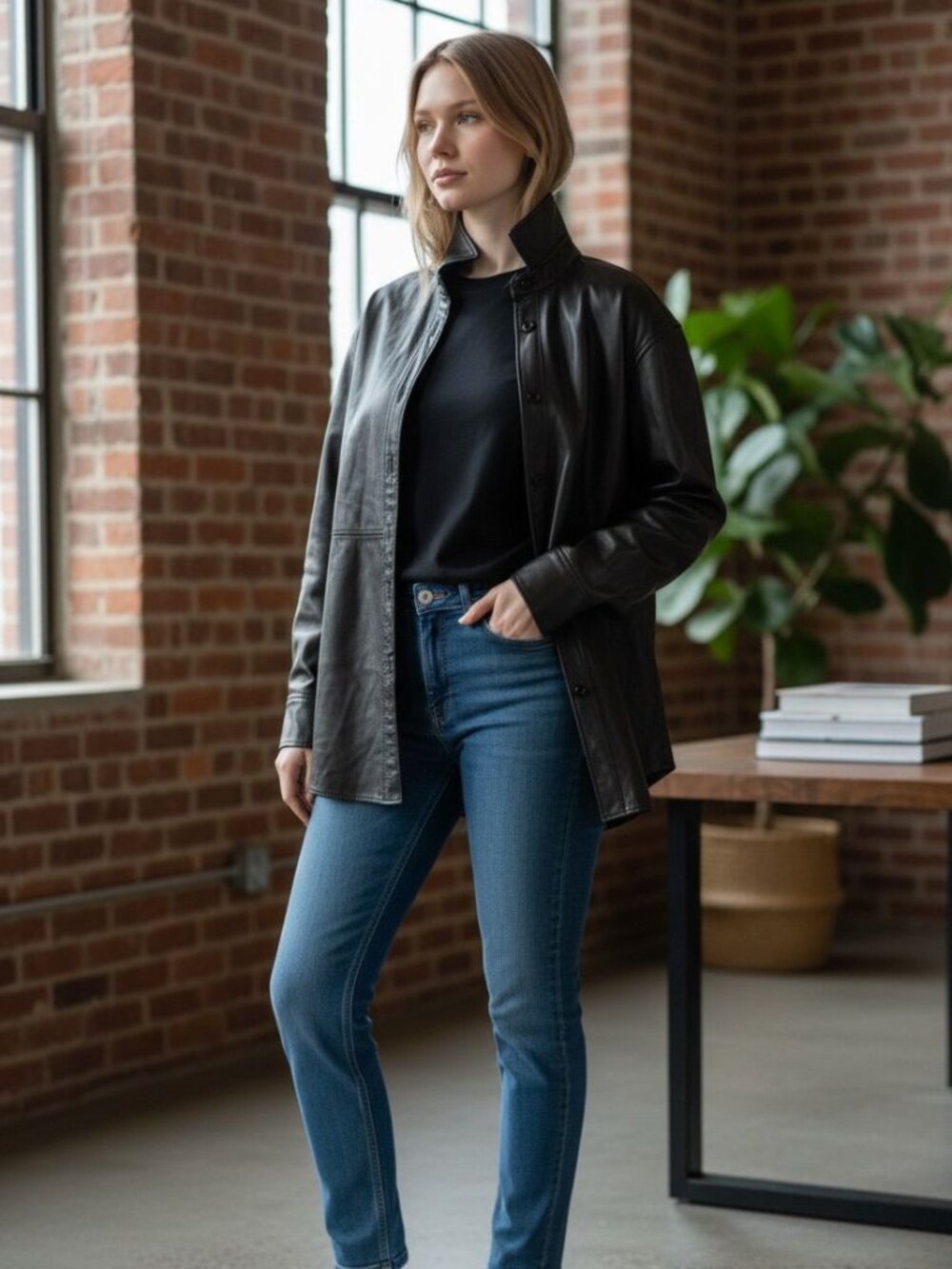 Babaton Oversized Black Leather Shirt Jacket Size S